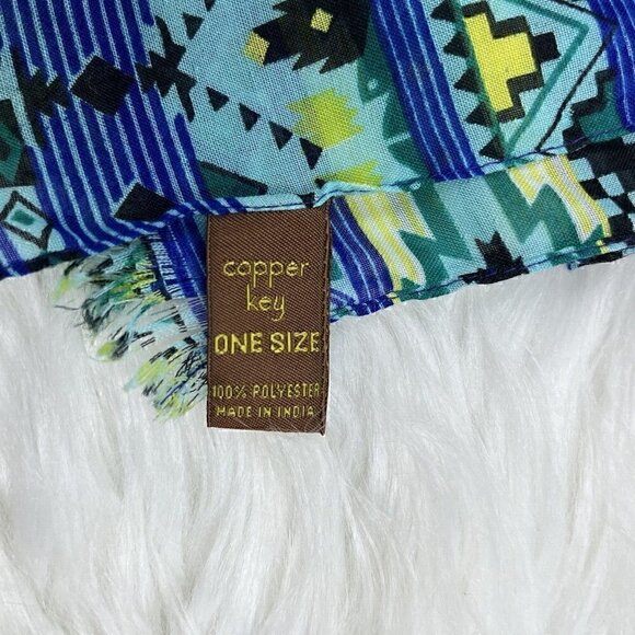 COPPER KEY Scarf Shawl Body Wrap 72" x 20 1/2" Fringe Blue Yellow - Picture 4 of 5